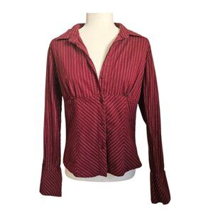 Juniors LARGE Burgundy and White Long Sleeve Striped Top W Collar